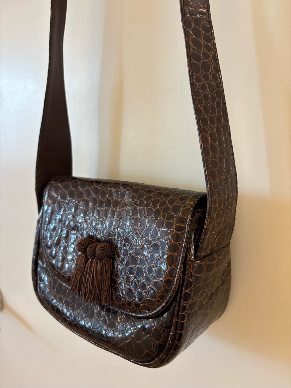Vintage Stuart Weitzman Brown Croc Embossed Leather Shoulder Bag Spain